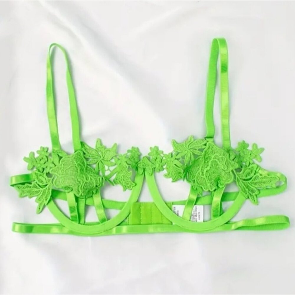 NWT Boutique Sexy Glam Retro Style Floral Embroidered Unpadded Bra S Neon Green